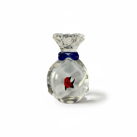 Art Glass Fish in a Bag Paperweight Clear Blue Red Hand Blown Murano Style Decor - Picture 2 of 9